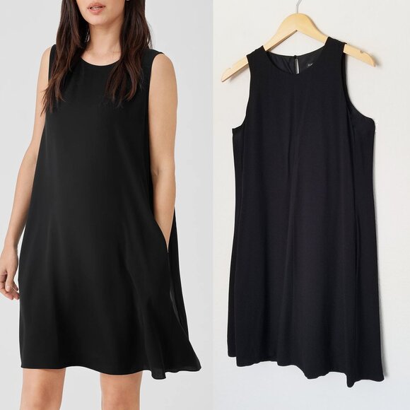 Eileen Fisher 100% Silk Georgette Crepe Round Neck Dress Black Petite XS PP $349 - Picture 4 of 14